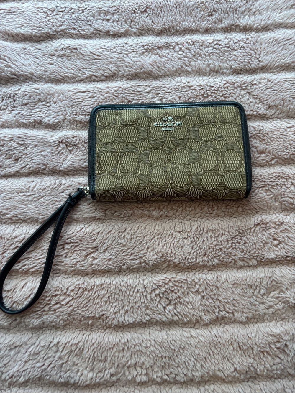 Coach Khaki Signature Zip Wristlet with Black Trim